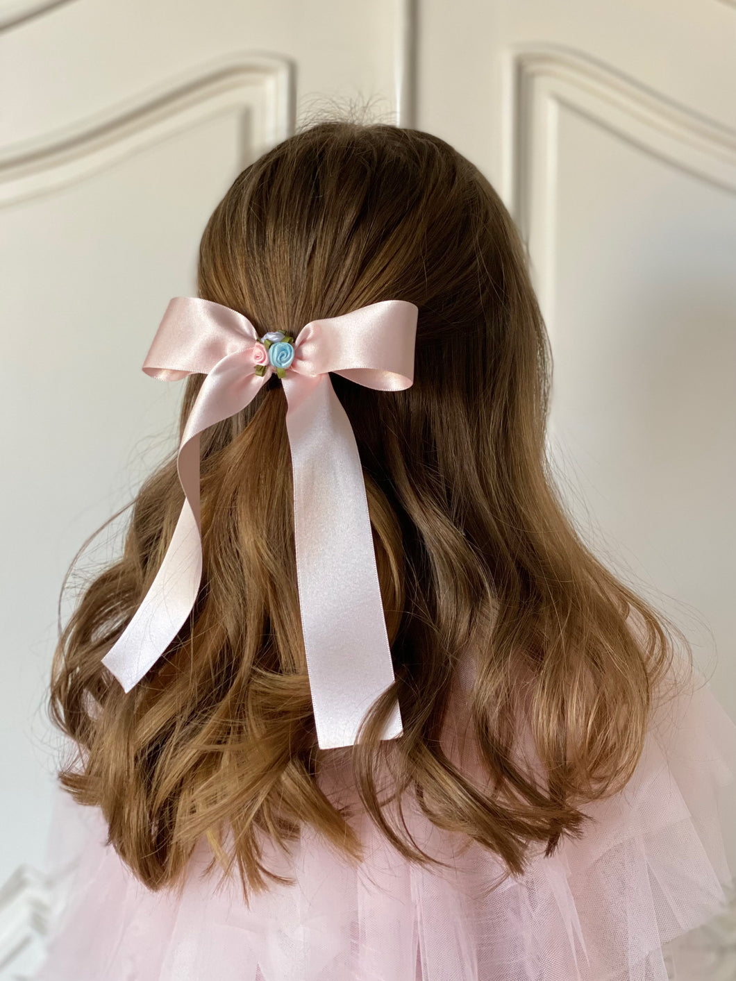 Rosebud Long Satin Bow - Powder Pink