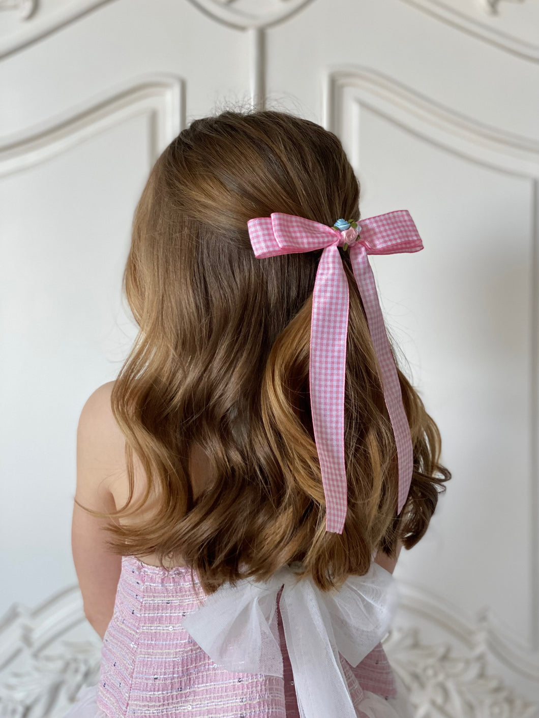 Rosebud Gingham Long Bow Hair Clip - Pink