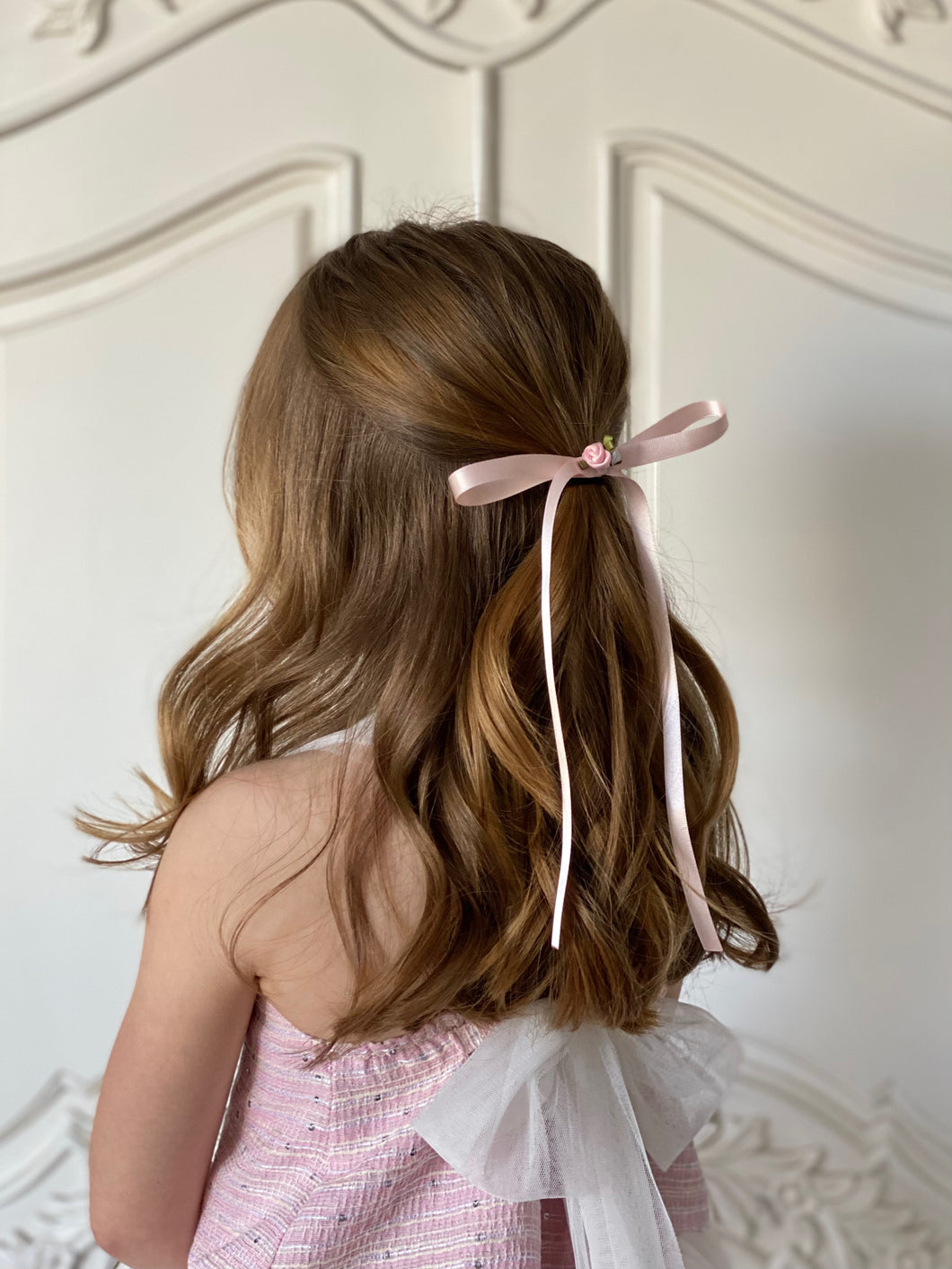 Rosebud Thin Long Satin Bow - Powder Pink