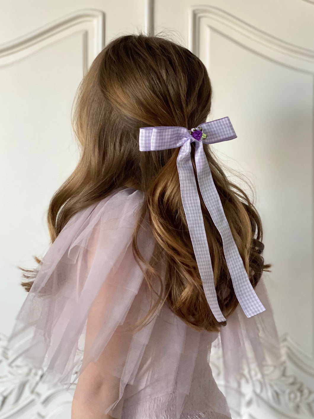 Rosebud Gingham Long Bow Hair Clip - Purple