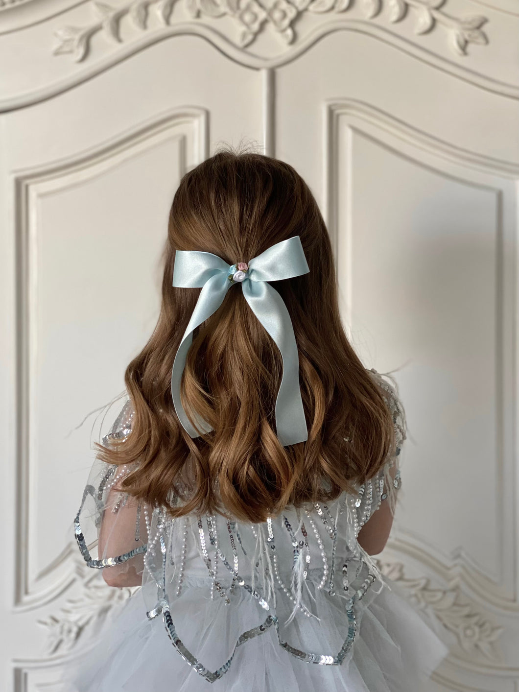 Rosebud Long Satin Bow - Powder Blue