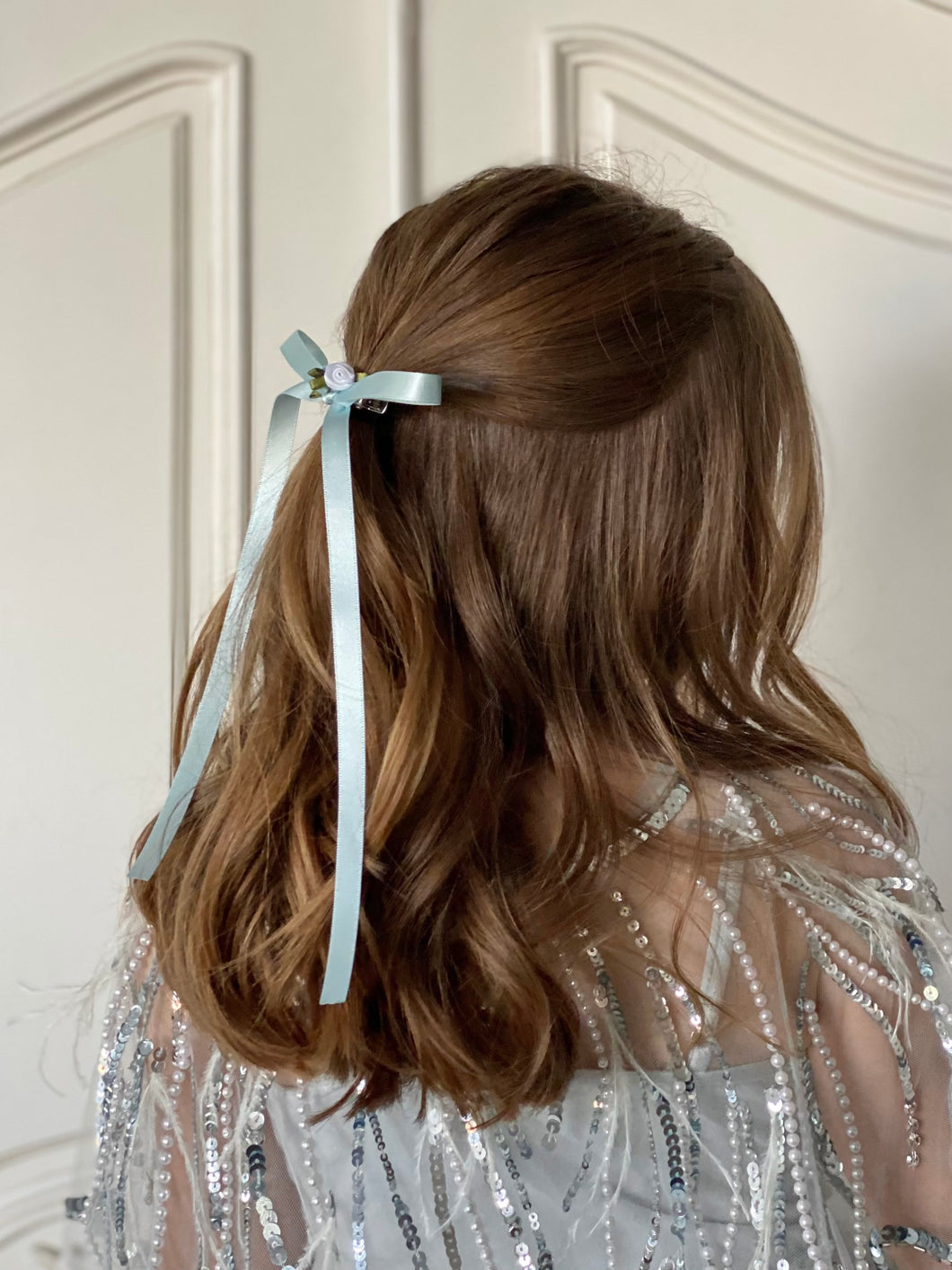 Rosebud Thin Long Satin Bow - Powder Blue