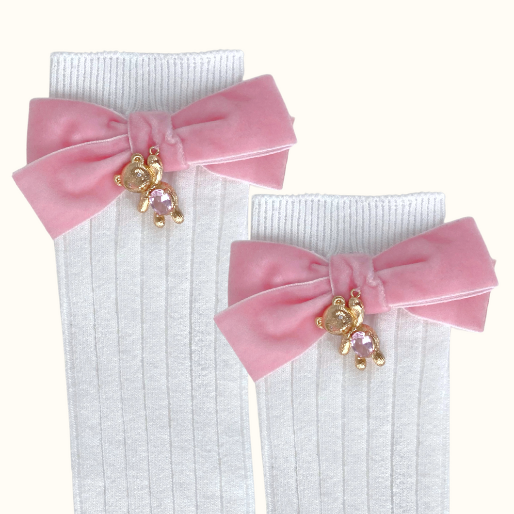 Miranda Teddy Bear Velvet Bow Socks - Pink