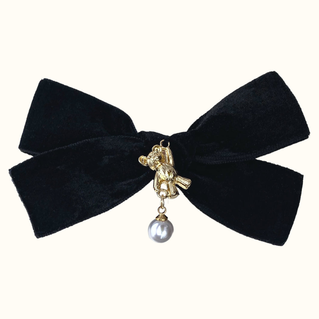 Julia Teddy Bear Velvet Bow Hair Clip - Black