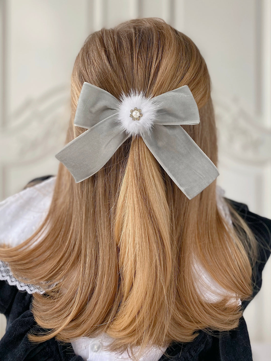 Embellished Pom Velvet Oversized Bow - Grey