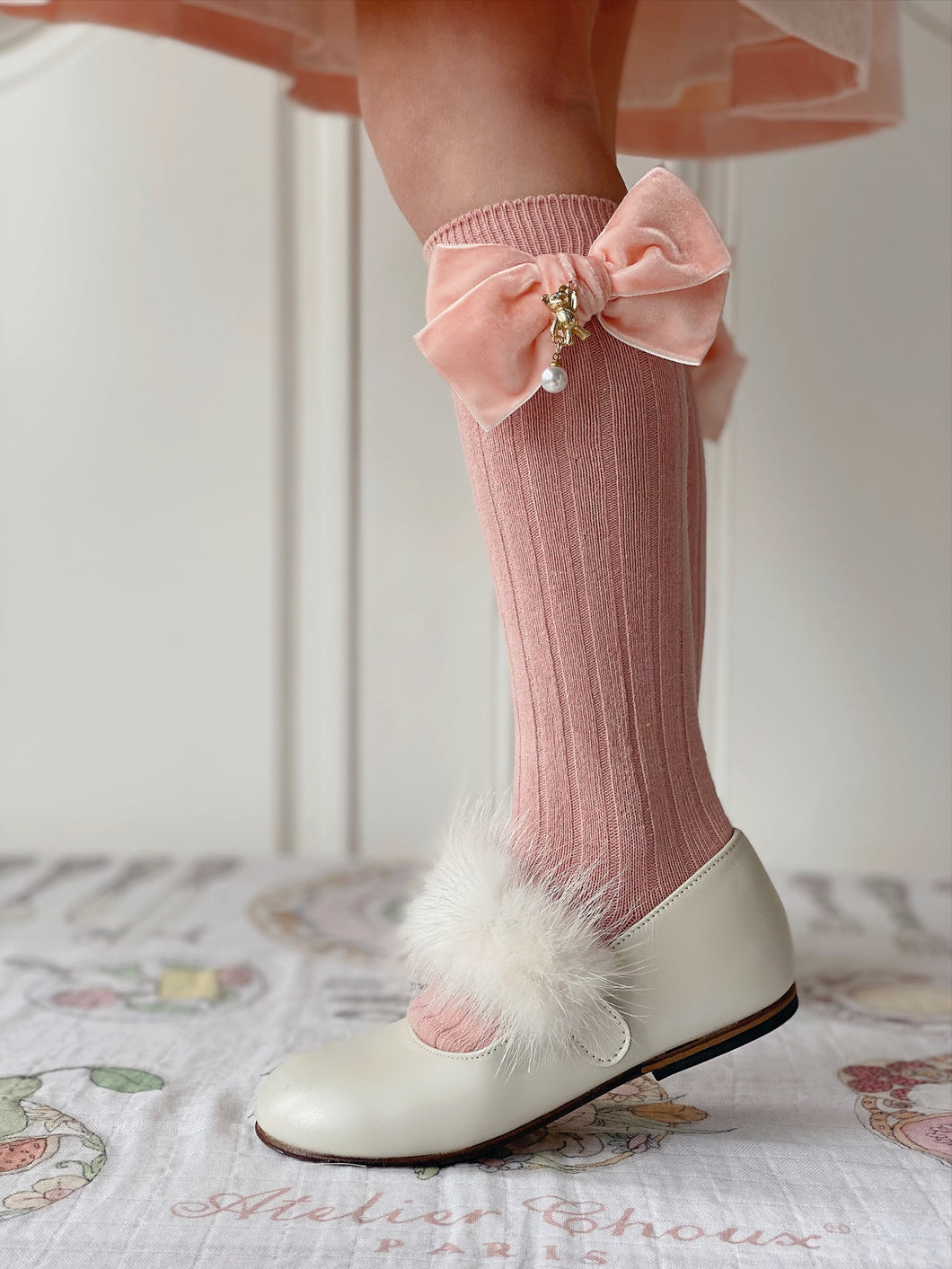 Julia Teddy Bear Oversized Velvet Bow Socks - Salmon Pink