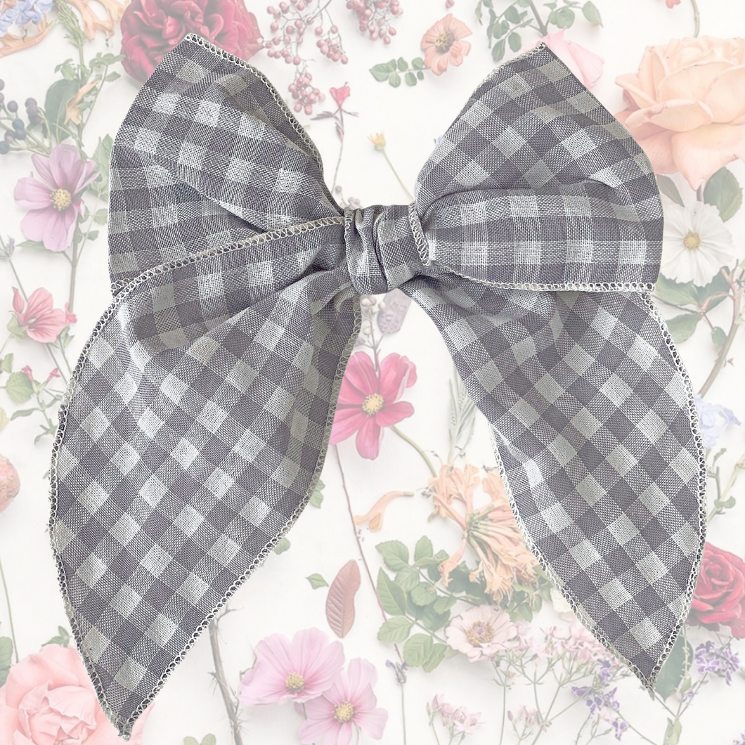 Grey Gingham Fable Bow - Hair Clip / Bag Bow