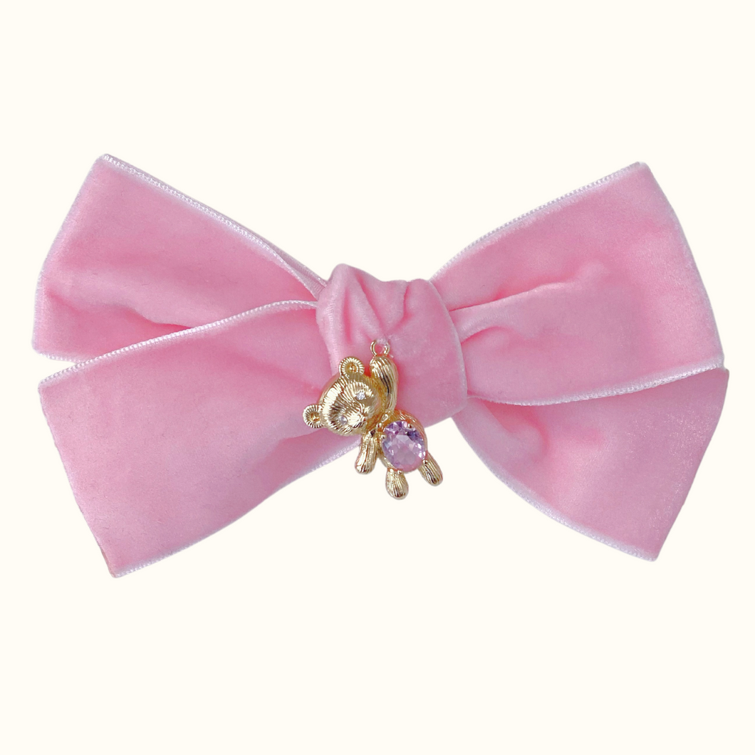 Miranda Teddy Bear Oversized Velvet Bow Hair Clip - Pink