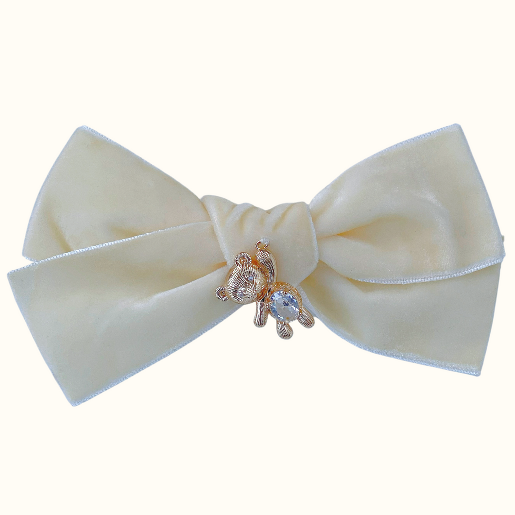 Miranda Teddy Bear Oversized Velvet Bow Hair Clip - Cream