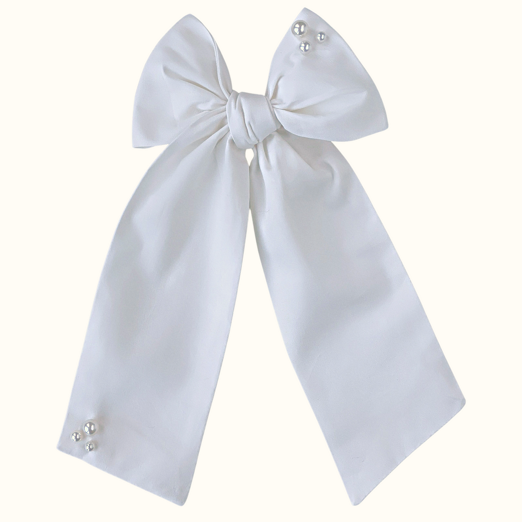 Lulu White Cotton Pearl Long Bow - Hair Clip / Bag Bow