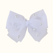 Cargue la imagen en el visor de la galería,Angeline White Pearl Tulle Baby Bow - Nylon Headband / Clip
