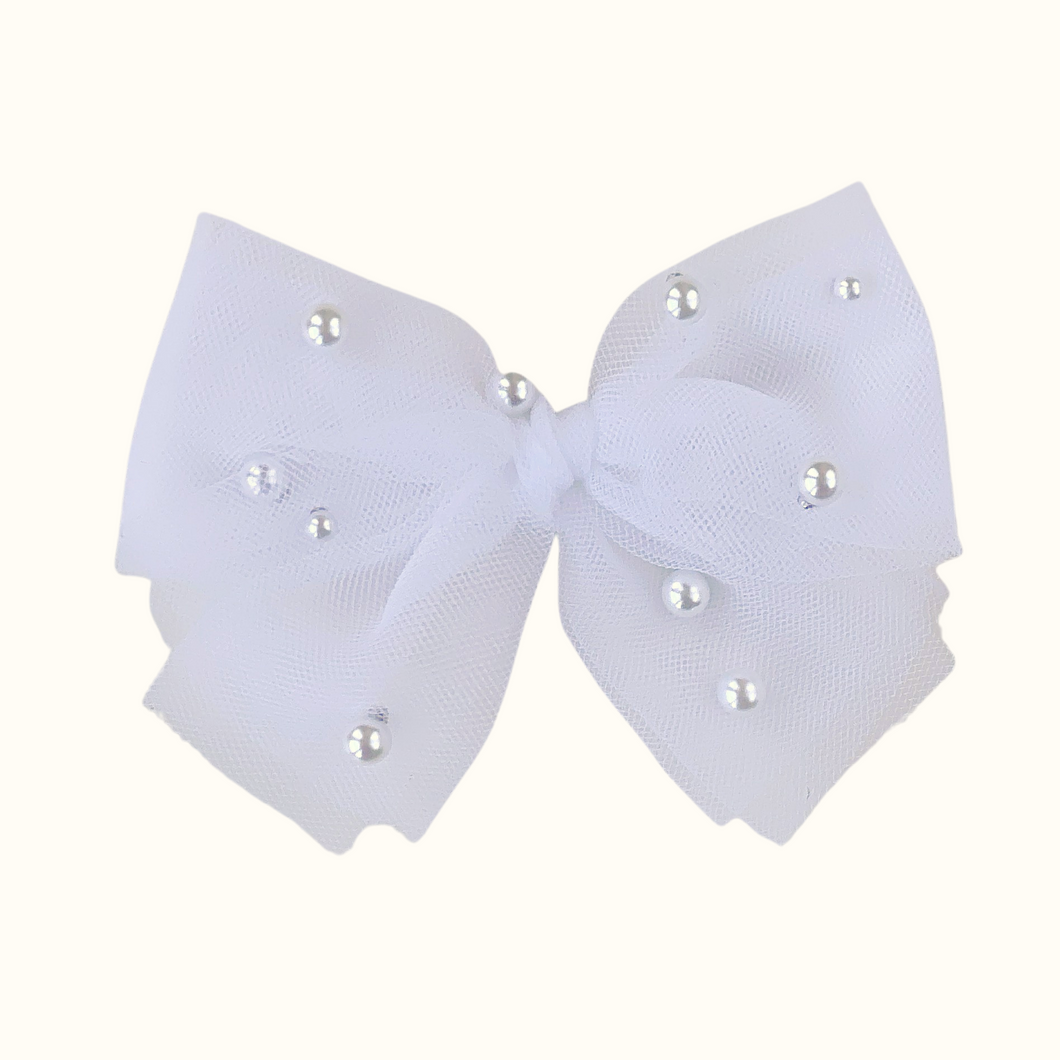 Angeline White Pearl Tulle Baby Bow - Nylon Headband / Clip