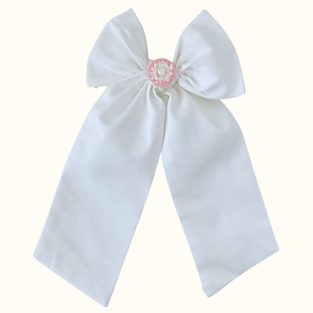 Lola White Cotton Long Bow - Hair Clip / Bag Bow