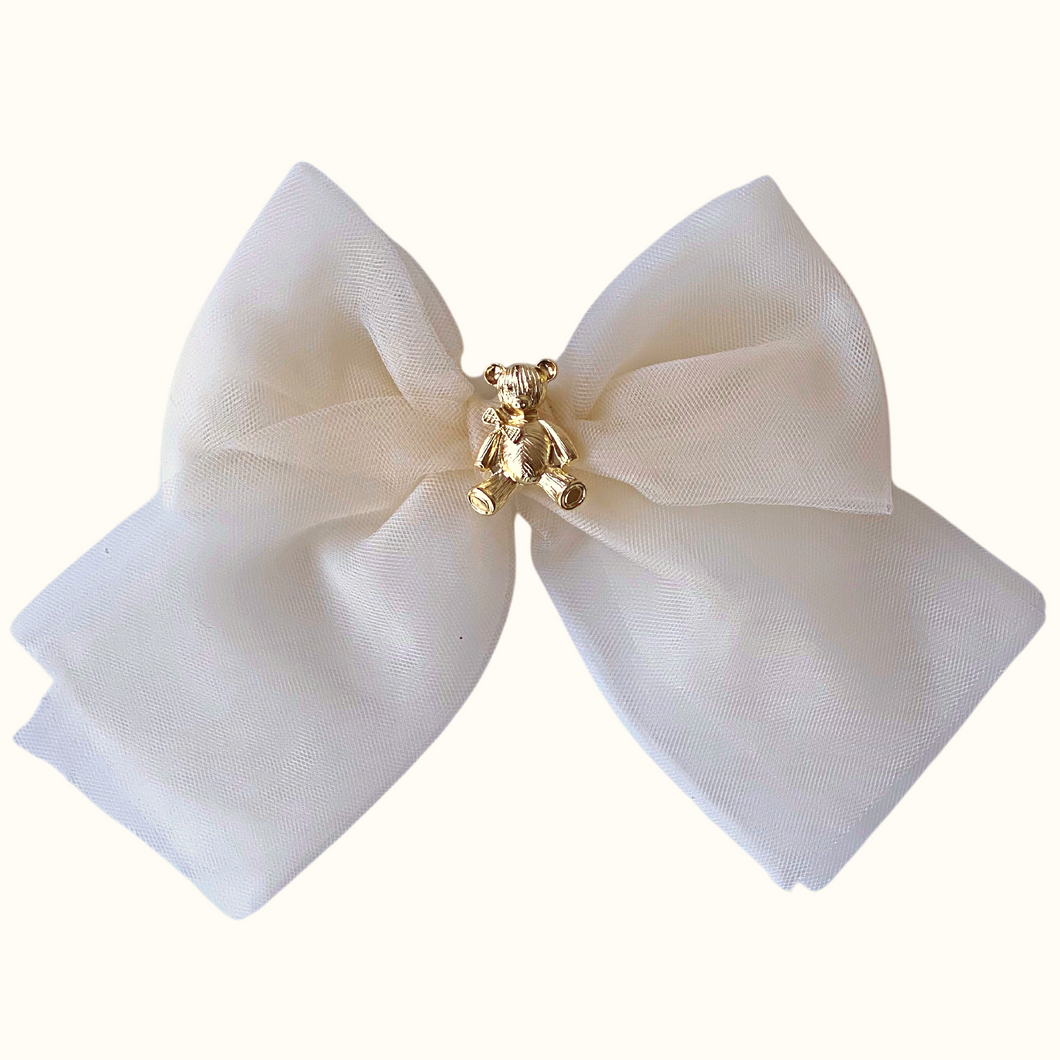 Ivy Teddy Bear Tulle Bow Mini - Hair Clip / Bag Bow