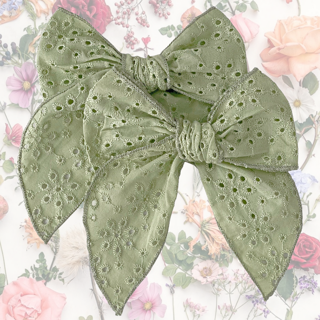 Green Embroidered Cotton Fable Bow - Hair Clip / Bag Bow