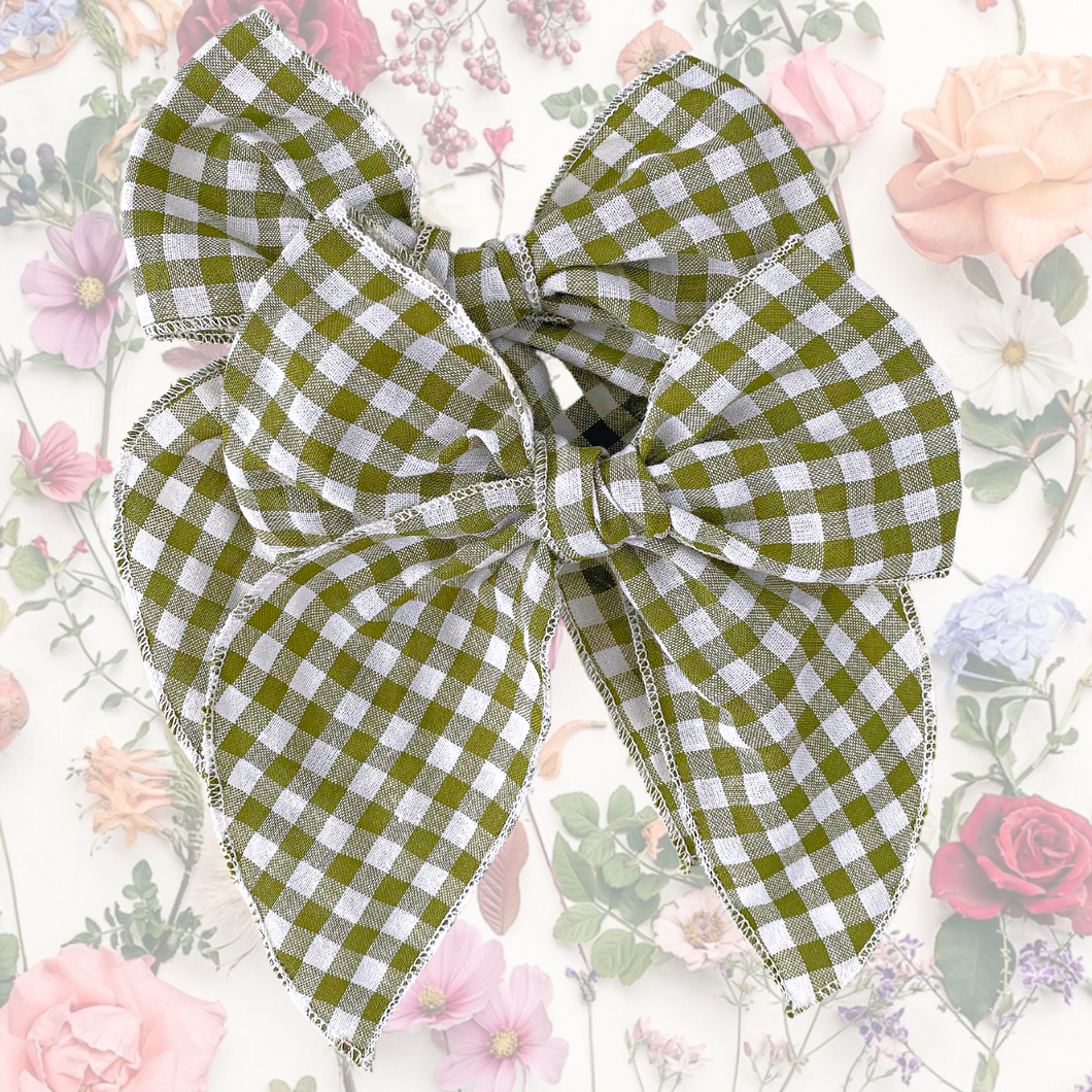 Green Gingham Fable Bow - Hair Clip / Bag Bow