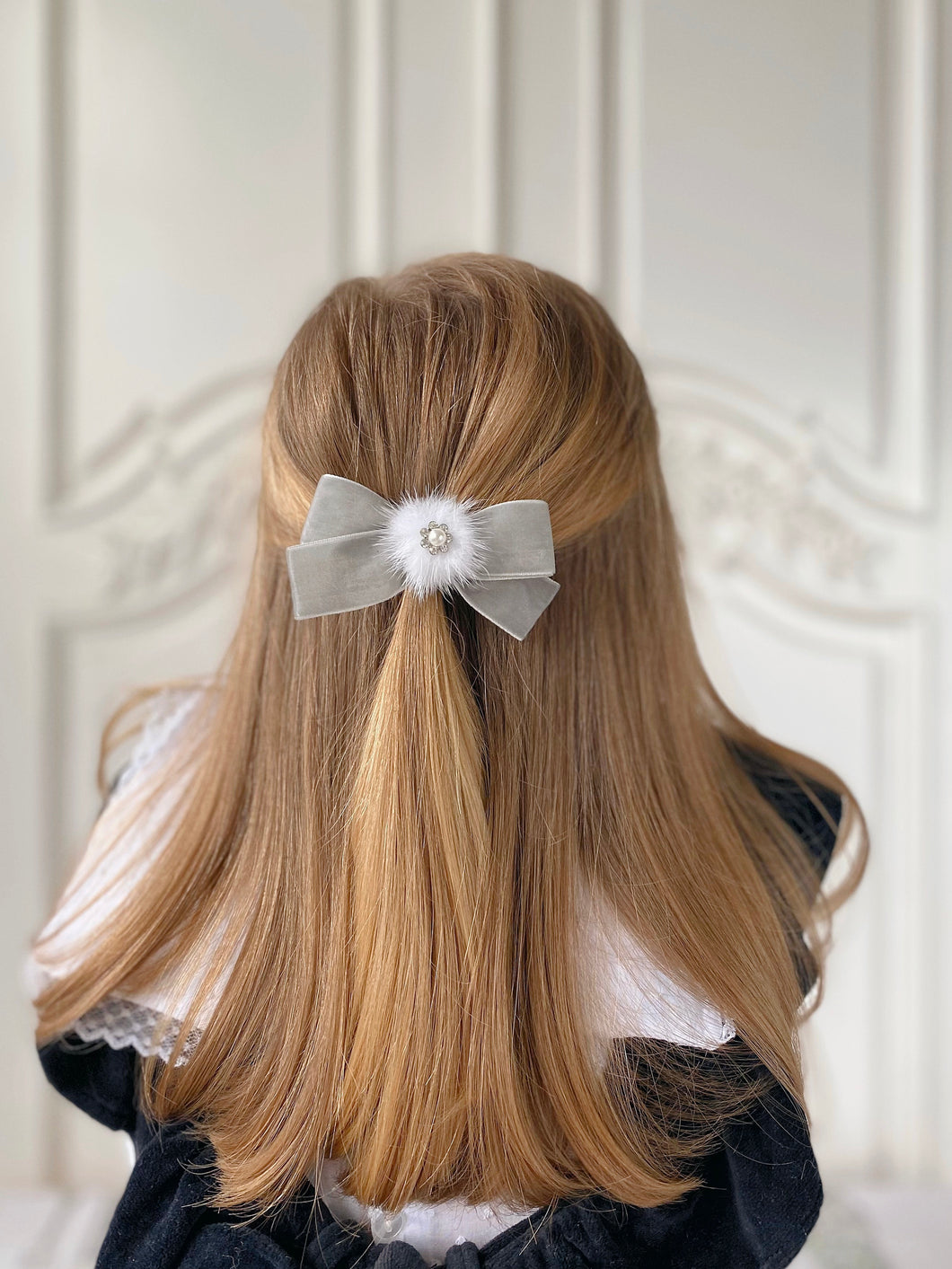 Embellished Pom Velvet Bow - Grey