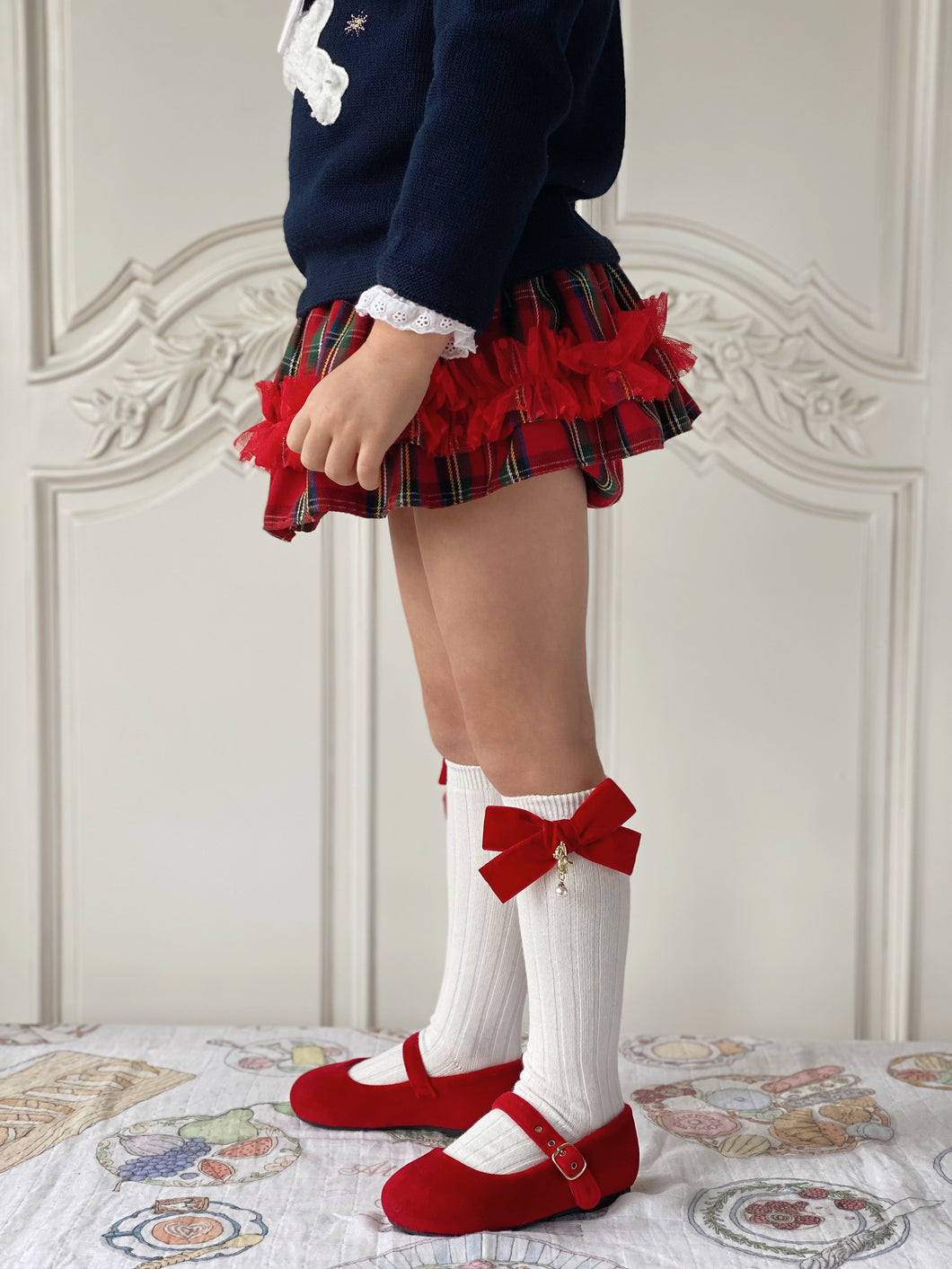 Julia Teddy Bear Velvet Bow Socks - Red