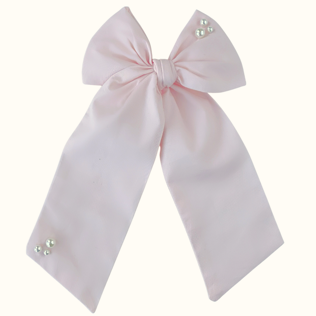 Lulu Pink Cotton Pearl Long Bow - Hair Clip / Bag Bow