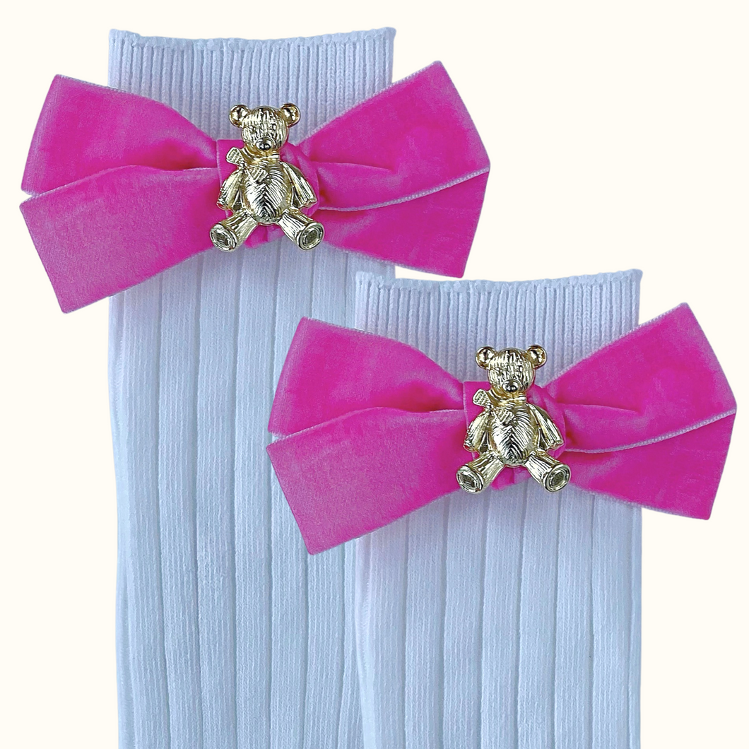 Anastasia Teddy Bear Velvet Bow Socks - Hot Pink