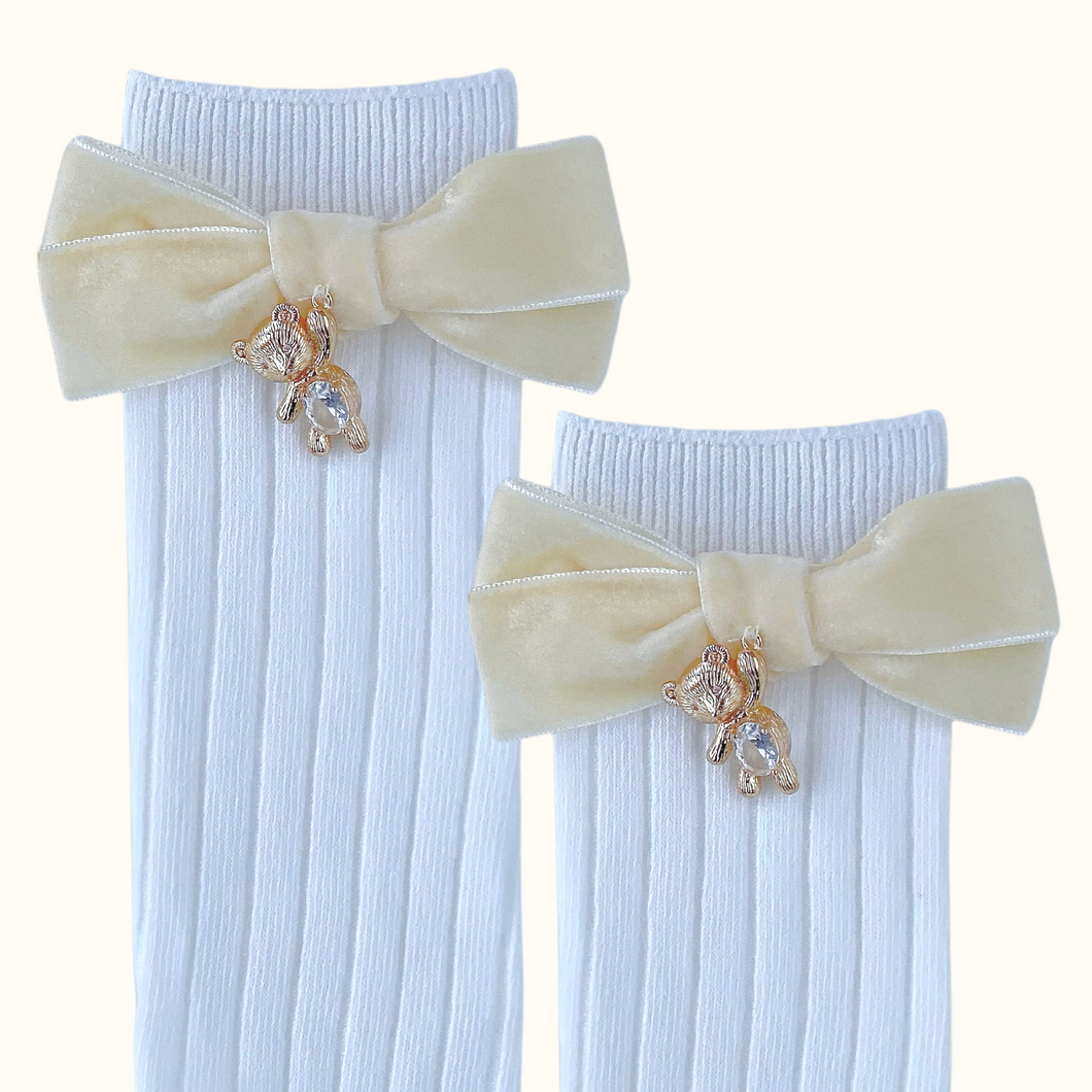 Miranda Teddy Bear Velvet Bow Socks - Cream