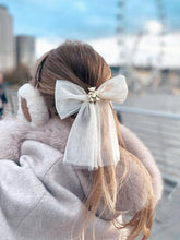 Load image into Gallery viewer, Anastasia Ivory Teddy Bear Tulle Bow - Hair Clip / Bag Bow
