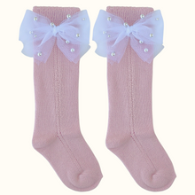 Load image into Gallery viewer, Brigitte Pink Pearl Tulle Bow Openwork Socks
