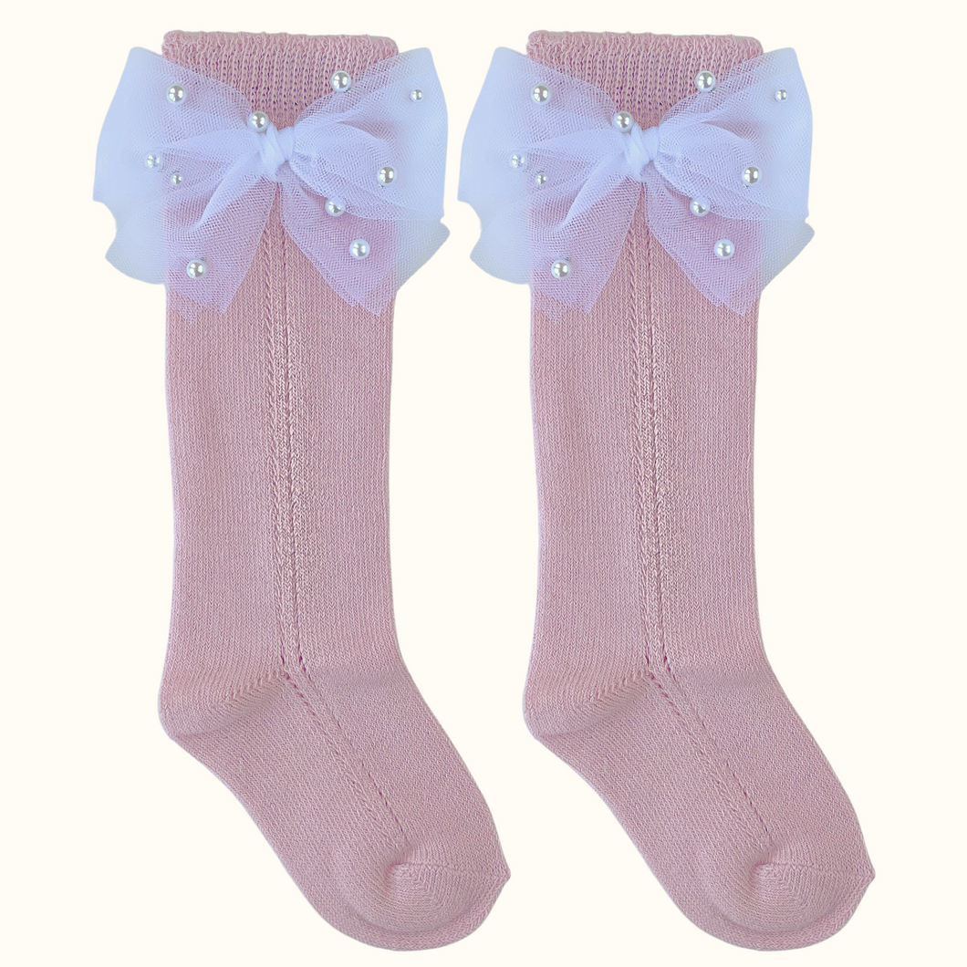 Brigitte Pink Pearl Tulle Bow Openwork Socks