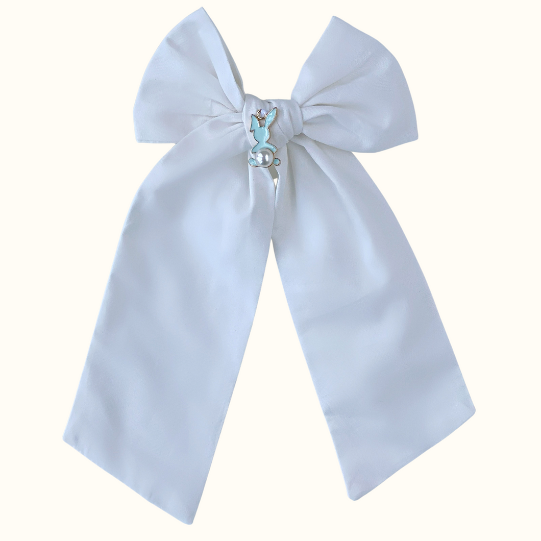 Bunny White Cotton Long Bow - Hair Clip / Bag Bow