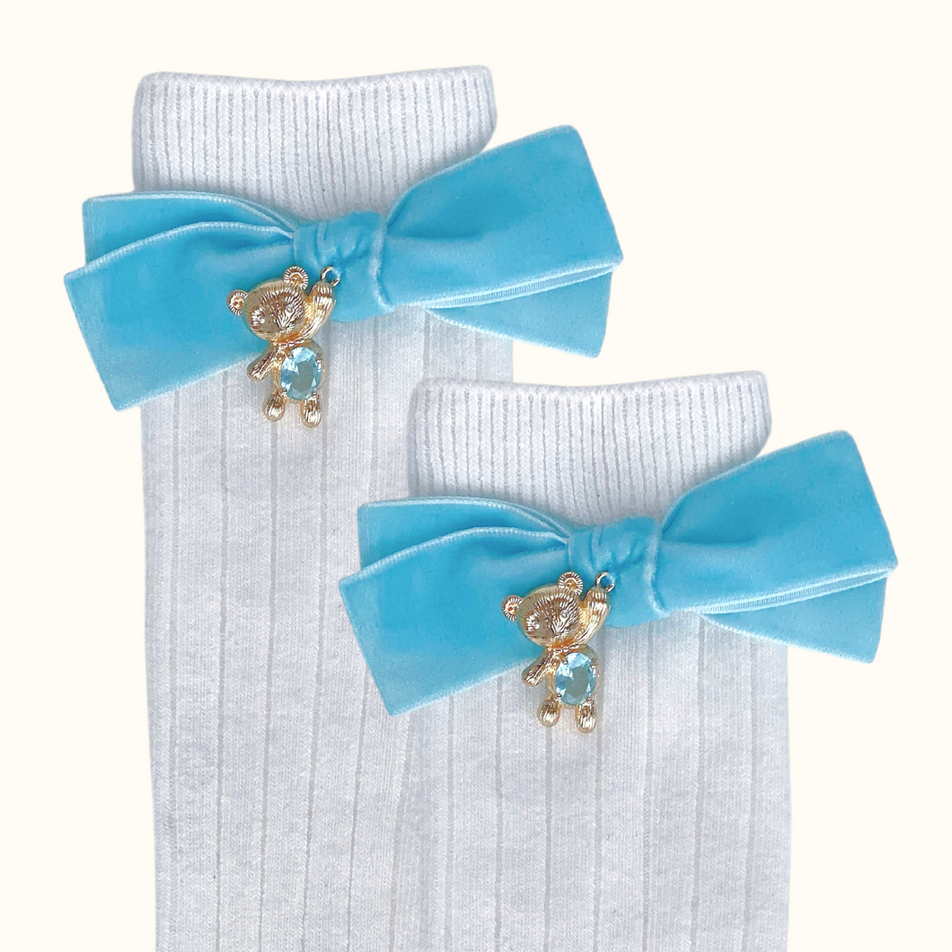 Miranda Teddy Bear Velvet Bow Socks - Blue