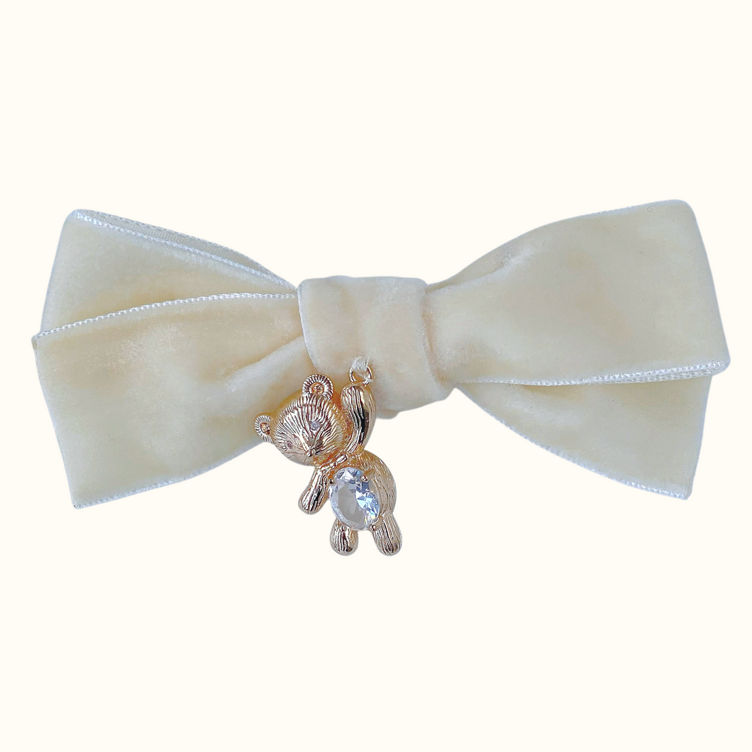 Miranda Teddy Bear Velvet Bow Hair Clip - Cream