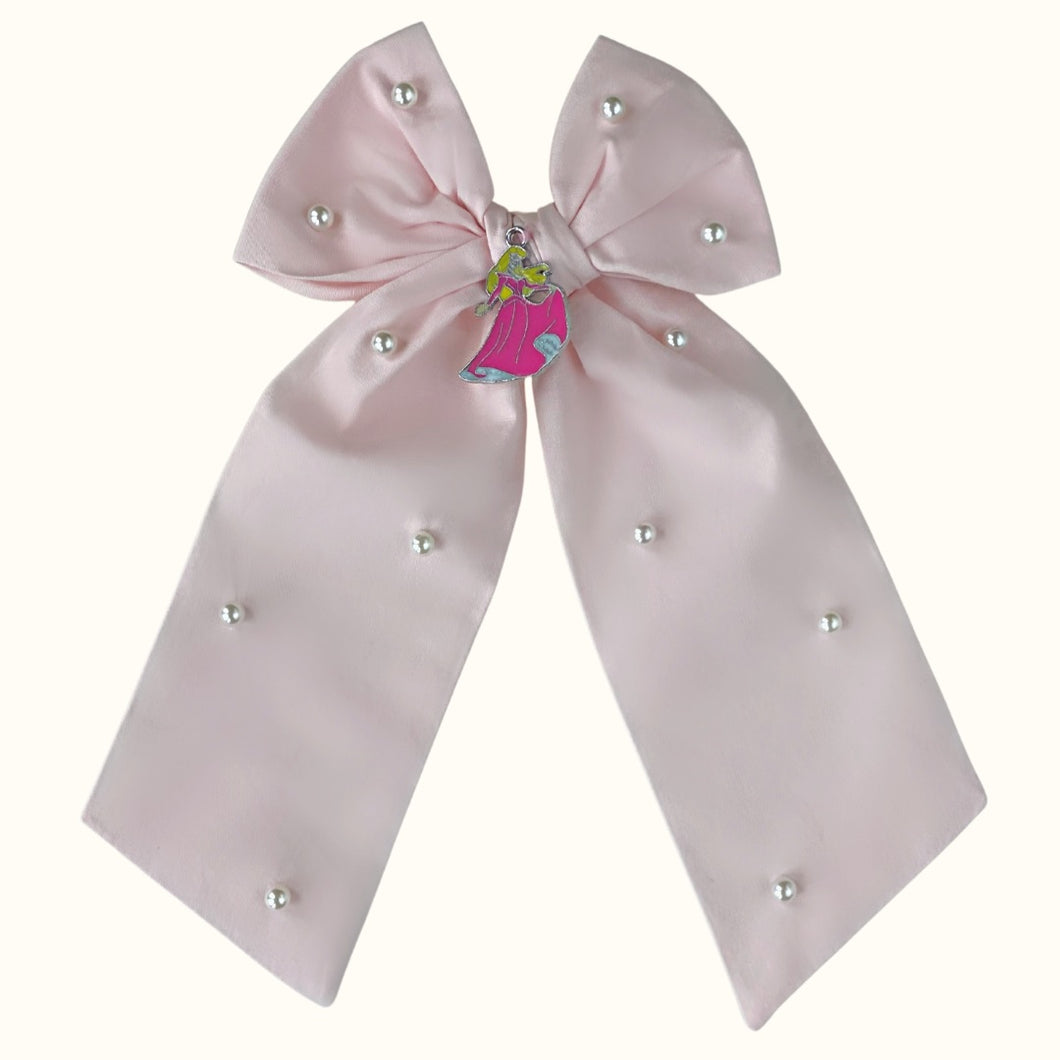 Aurora Princess Cotton Pearl Long Bow Hair Clip in Pink