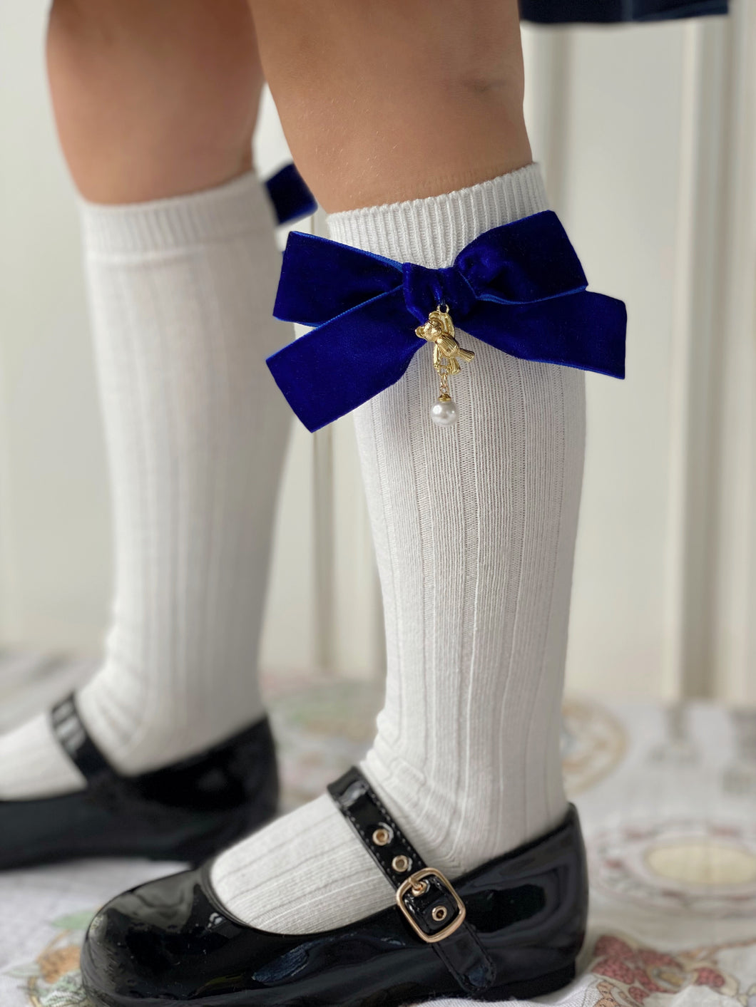 Julia Teddy Bear Velvet Bow Socks - Royal Blue