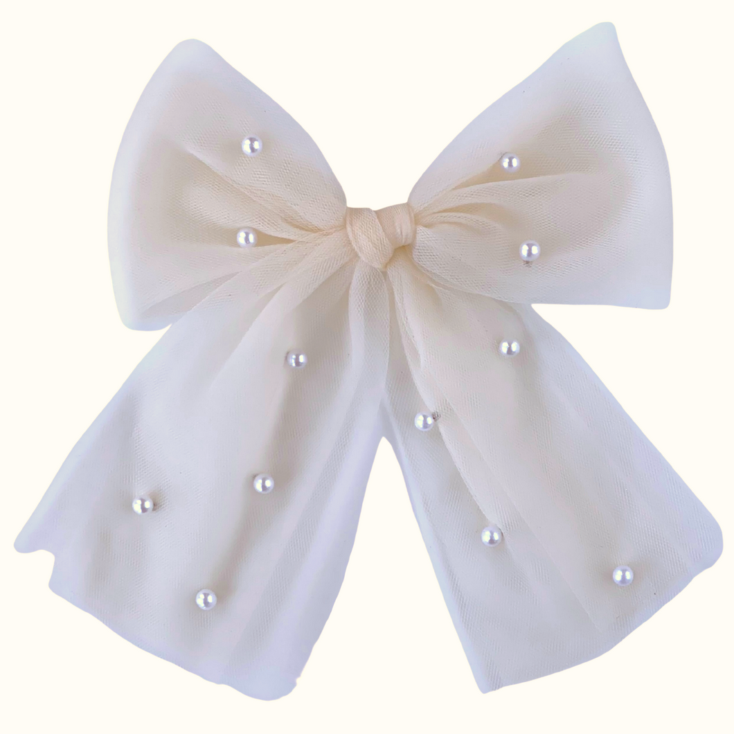 Piper Ivory Tulle Pearl Bow - Hair Clip / Bag Bow