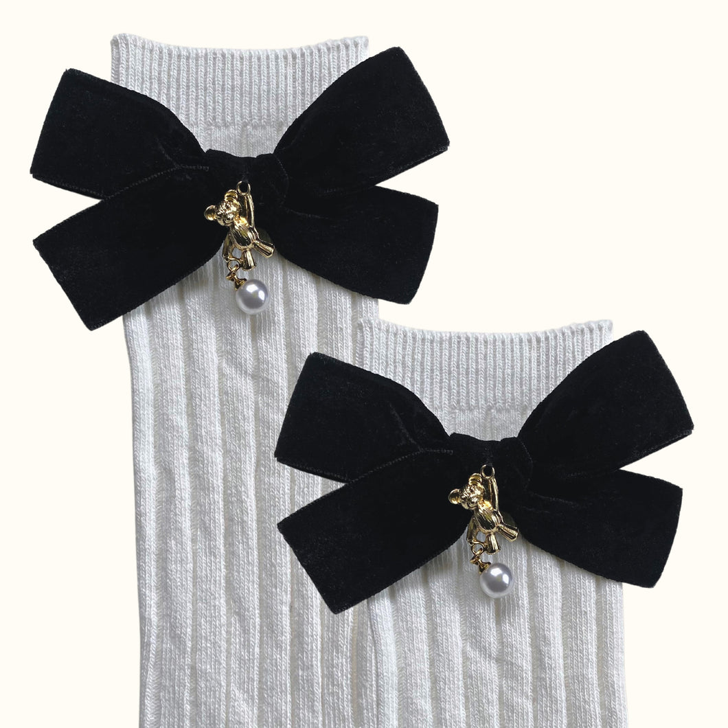 Anastasia Teddy Bear Velvet Bow Socks - Black