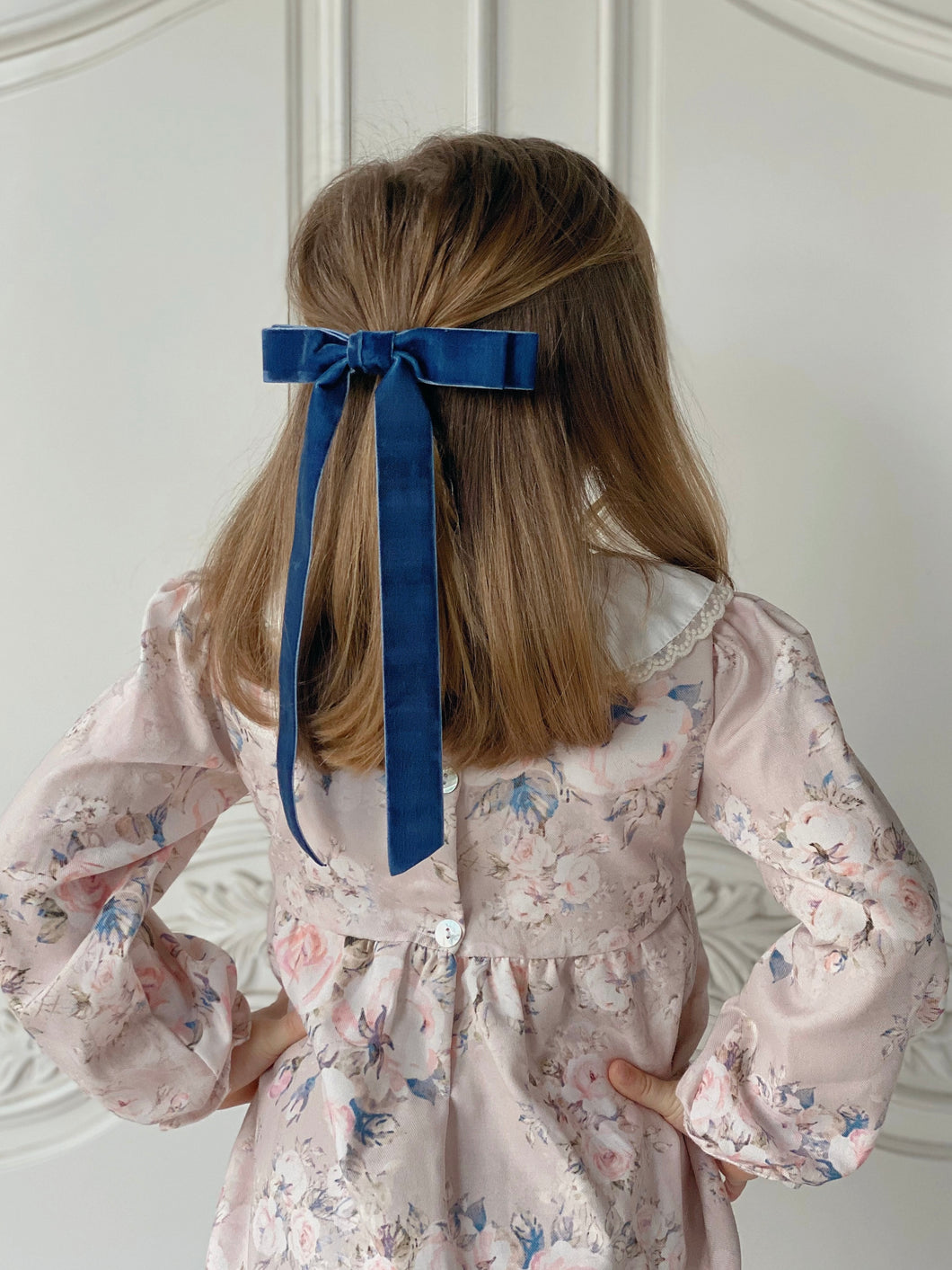 Velvet Long Bow Hair Clip - Navy