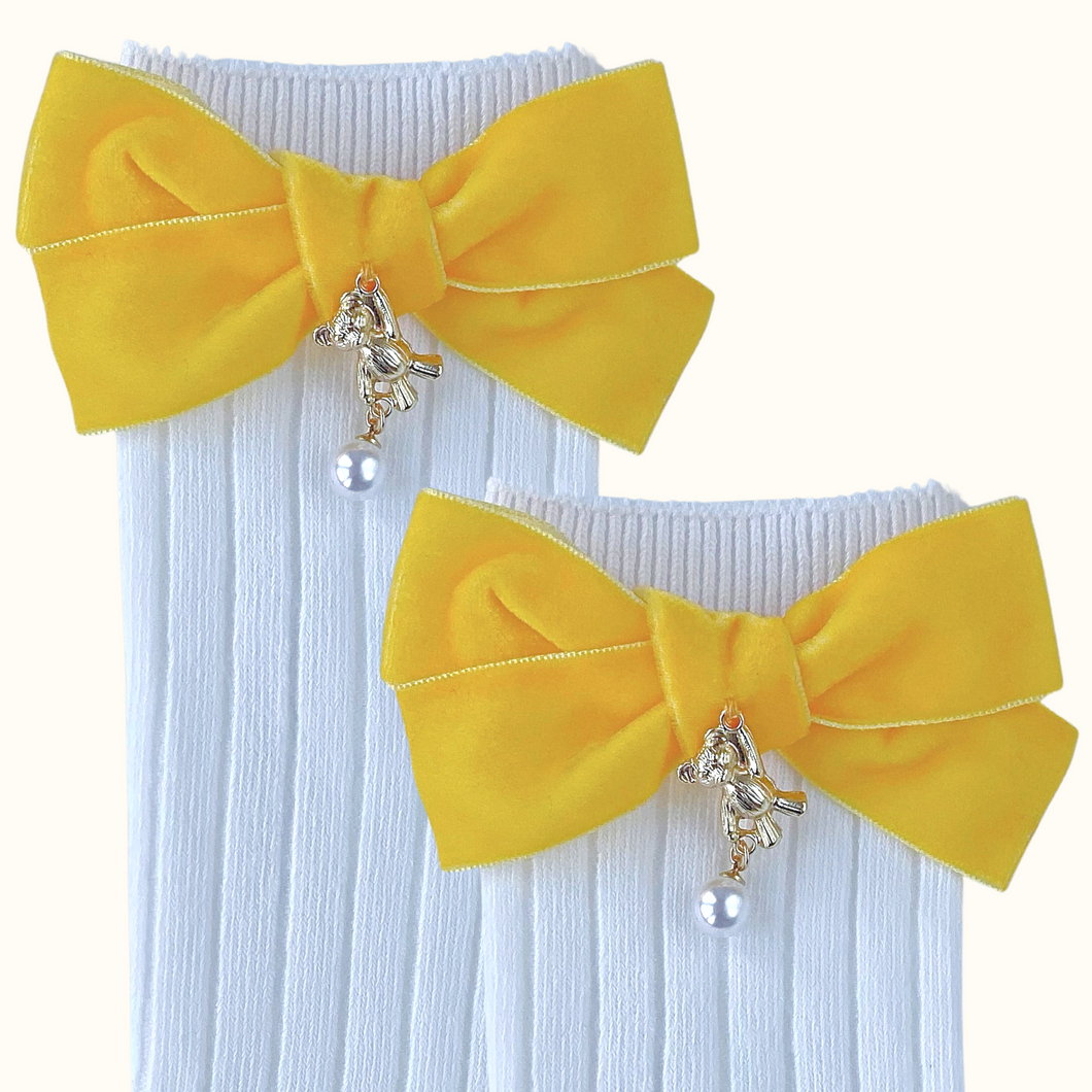 Julia Teddy Bear Velvet Bow Socks - Sunflower Yellow