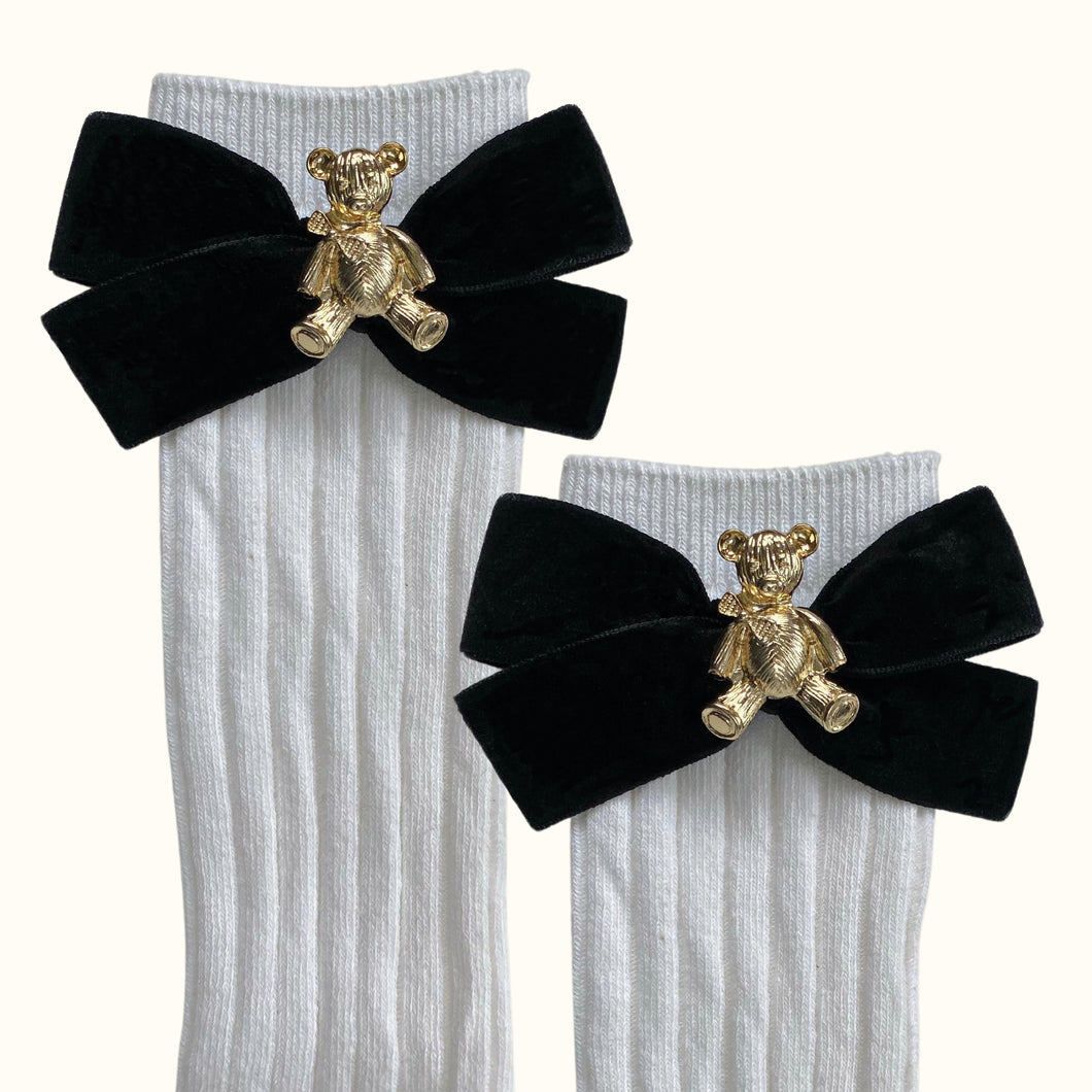 Anastasia Teddy Bear Velvet Bow Socks - Black