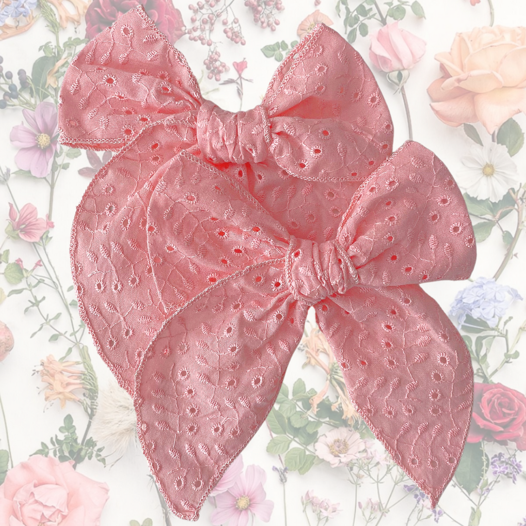 Coral Embroidered Cotton Fable Bow - Hair Clip / Bag Bow