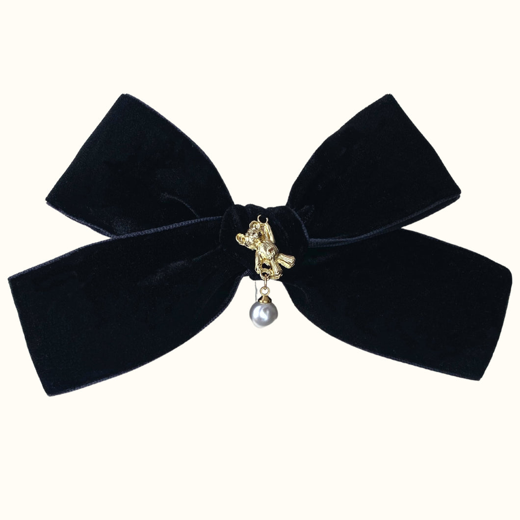 Julia Teddy Bear Oversized Velvet Bow Hair Clip - Black