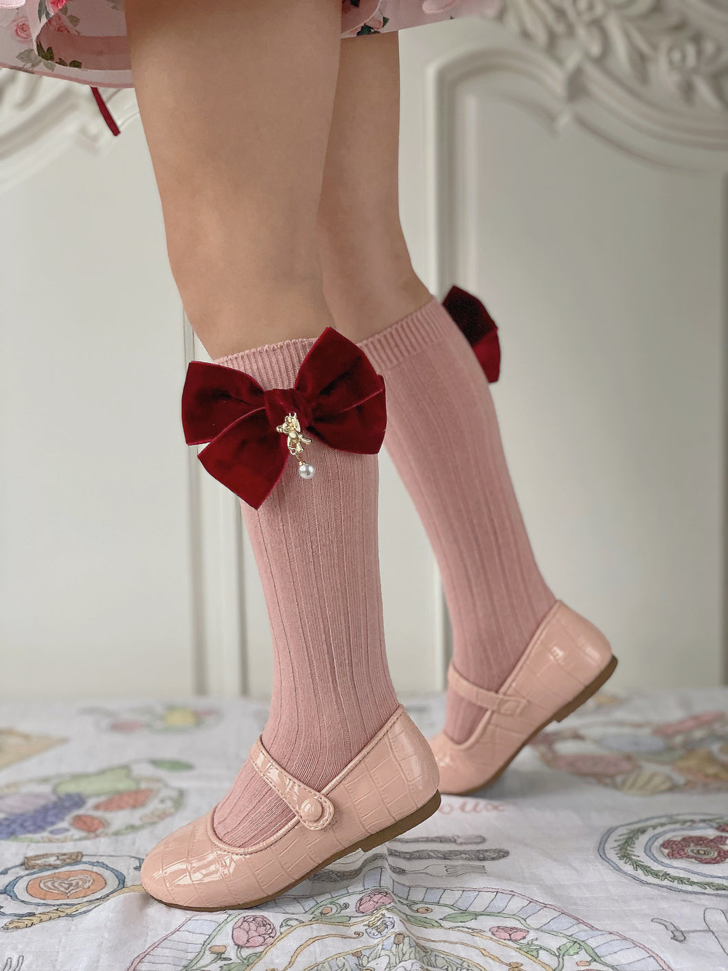 Julia Teddy Bear Oversized Velvet Bow Socks - Burgundy