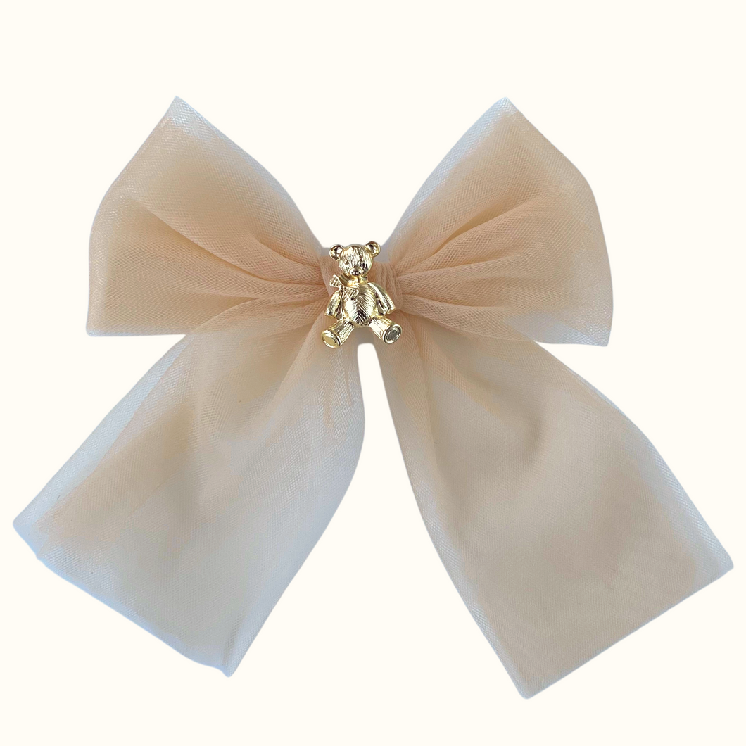 Anastasia Nude Teddy Bear Tulle Bow - Hair Clip