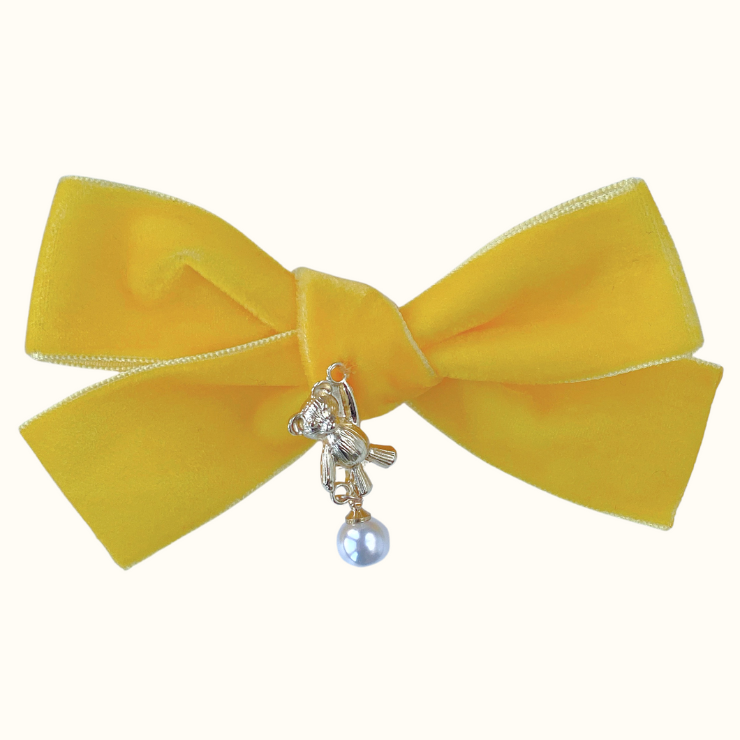 Julia Teddy Bear Velvet Bow Hair Clip - Sunflower Yellow