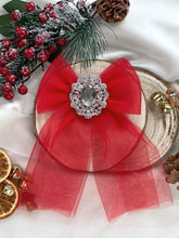 Load image into Gallery viewer, Noelle Red Tulle Embellished Bow Hair Clip
