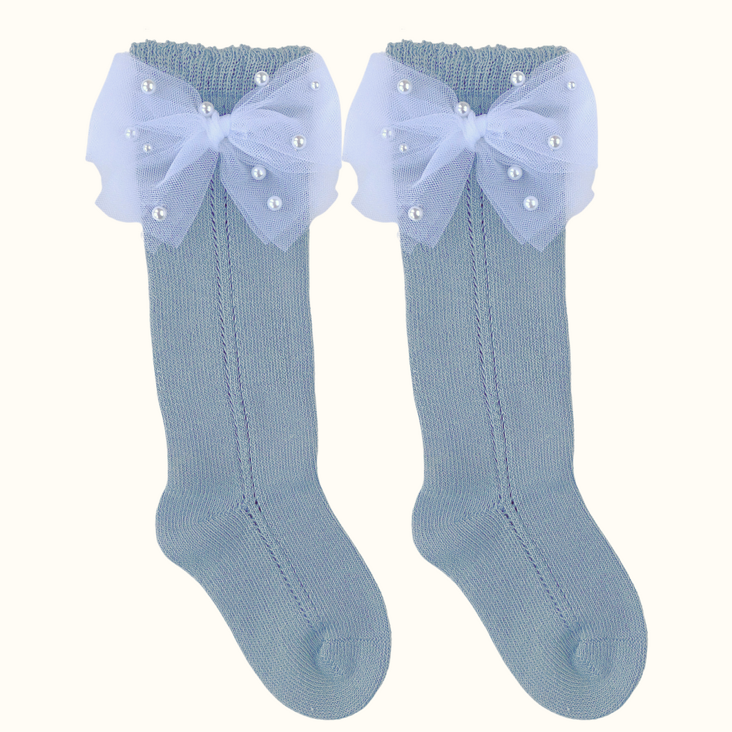 Brigitte Grey Pearl Tulle Bow Openwork Knee Socks