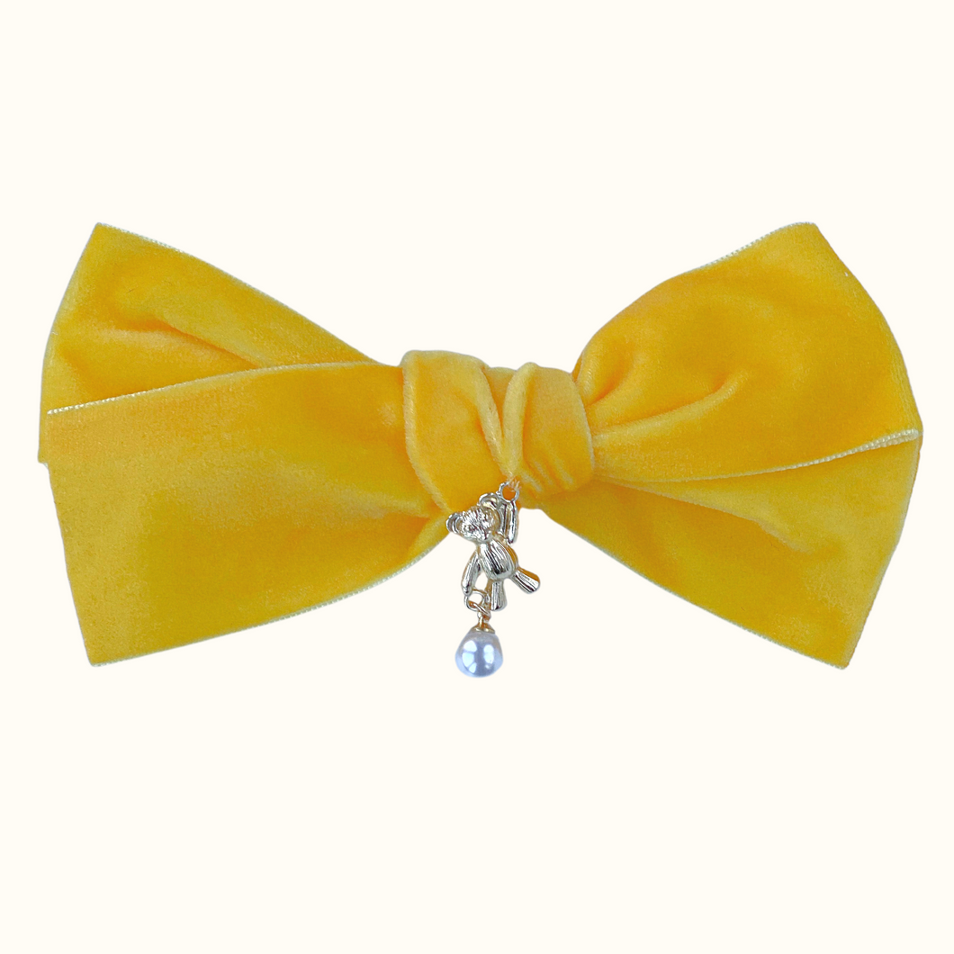 Julia Teddy Bear Oversized Velvet Bow Hair Clip - Sunflower Yellow