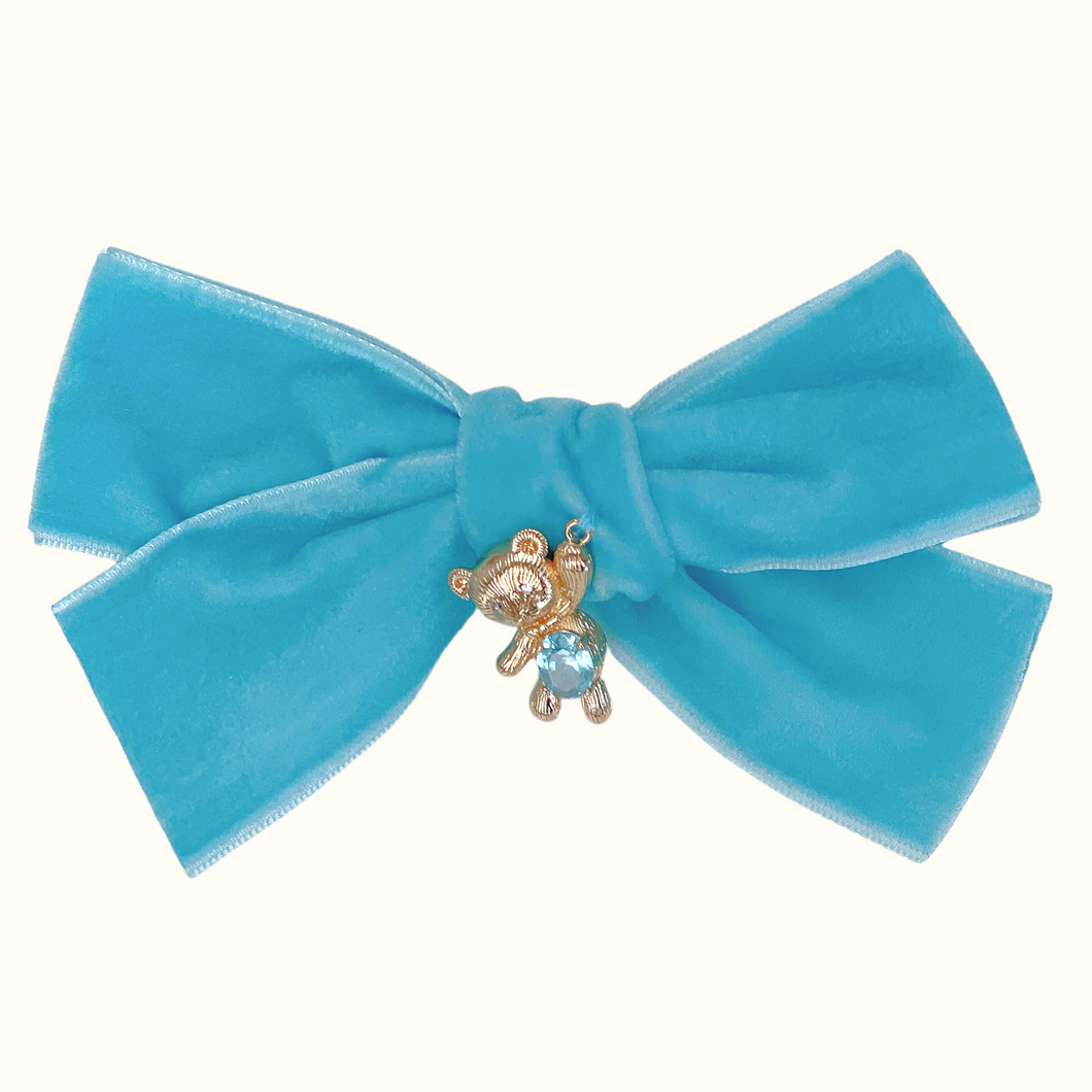 Miranda Teddy Bear Oversized Velvet Bow Hair Clip - Blue