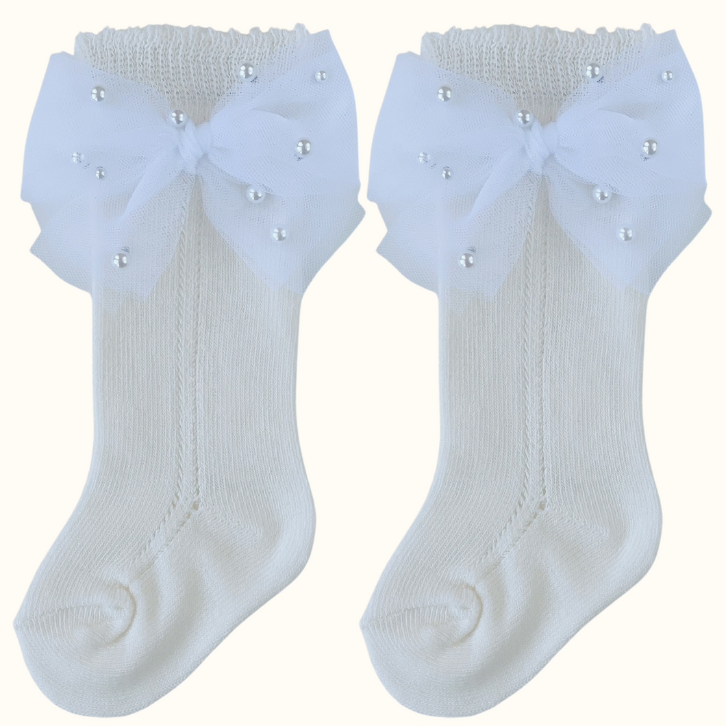 Brigitte Ivory Pearl Tulle Bow Openwork Knee Socks