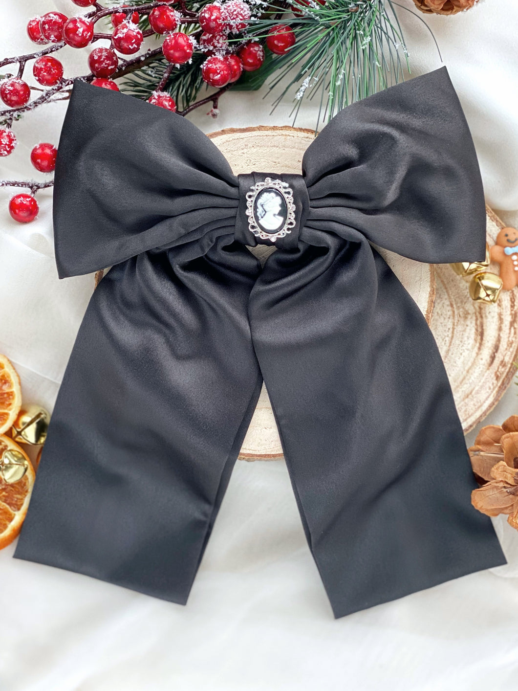 Angel Black Cameo Crystal Satin Bow Hair Clip