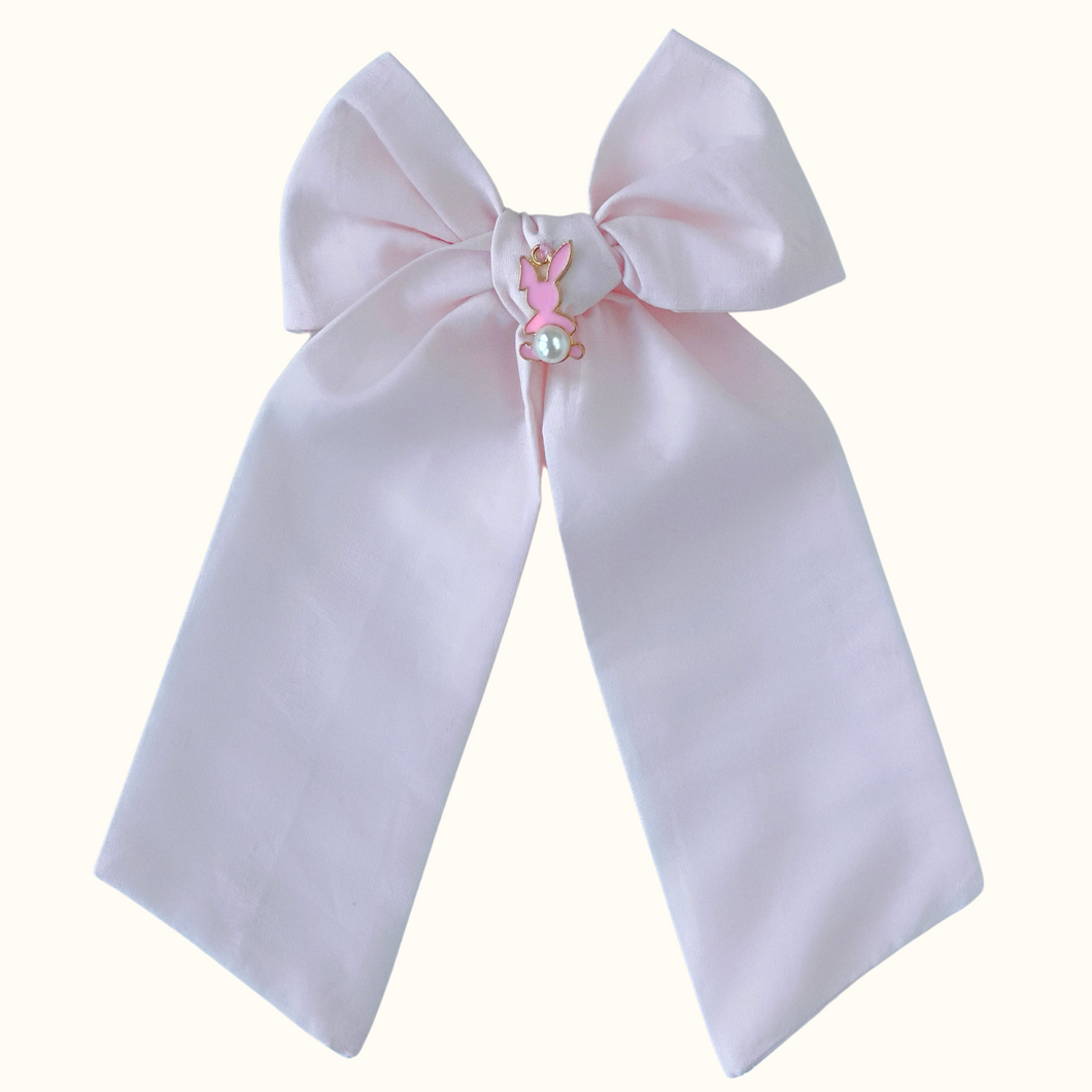 Bunny Pink Cotton Long Bow - Hair Clip / Bag Bow